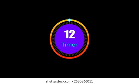 12 seconds digital clock countdown timer illustration. 3d countdown timer illustration, inside a 3d yellow and red circle on black background emergency timer countdown illustration.