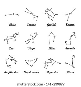 12 Zodiac Constellations Captions Star Symbols Stock Illustration ...