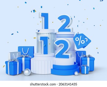 12.12 Shopping Day Sale Banner, 3d Render Concept, 12 December Mega Sale, Global Shopping World Day Sale Isolated On Blue Background	