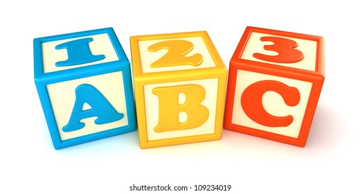 123 and ABC building blocks with apple on white background