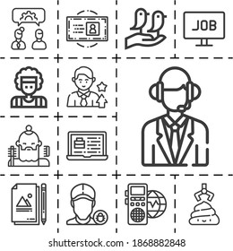 13 Lineal Speculate Icons Set Related To Job, Rocker, Voice Recorder, Commentator, Document, Hairdresser, Job Promotion, Poop, Online, Exterminator Pixel Perfect Icons.