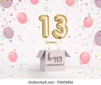 13 years anniversary, happy birthday joy celebration. 3d Illustration with brilliant gold balloons & delight confetti for your unique greeting card, banner, birthday invitation, celebrate anniversary.