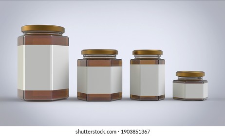 135, 250, 500 and 1000 ml honney jars with white rectangle paper label in front plate on white solid background mockup collection ready for branding 3d rendering image