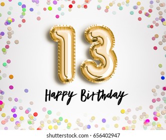 13th Birthday celebration with gold balloons and colorful confetti, glitters. 3d Illustration design for your greeting card, birthday invitation and Celebration party of thirteen years anniversary.