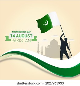 14 August Post Illustration, Independence Day Template, Independence Post, Holding Pakistan National Flag With Off White Background.