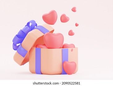 14 february. Valentine's day design. Realistic pastel gift box opening full of shape hearts. Holiday banner, web, greeting card. Romantic background. 3D rendering.