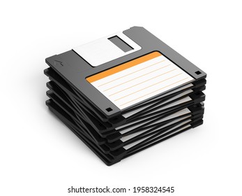 1.44 Mb 3.5 inch floppy disks isolated on white background. Stack of floppy diskette. 3d rendering