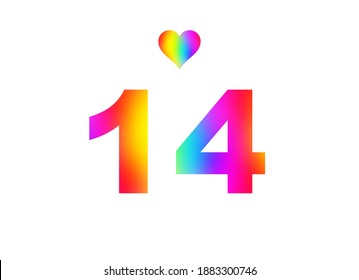 14th birthday card illustration with multicolored numbers isolated in white background.