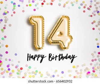 14th Birthday celebration with gold balloons and colorful confetti, glitters. 3d Illustration design for your greeting card, birthday invitation and Celebration party of fourteen years anniversary.