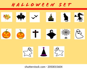 15 Halloween Icons in different colors with the title Halloween Set