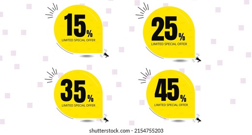 15% off, 25% off, 35% off, 45% off. Banner with fifteen, twenty five, thirty five and forty five percent discount on a white background with yellow ballons