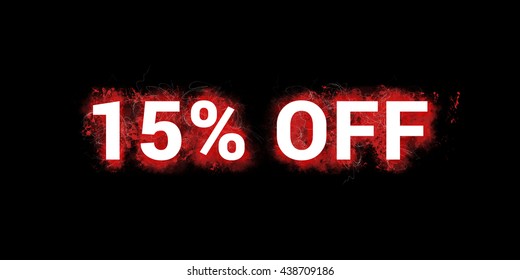 15% off - discount label of 15 percent. Artistic illustration with red paint-splatters on black background and white, bold letters.