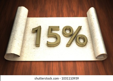 15 Per Cent, Golden Numbers, Over Open Paper, 3d Rendering