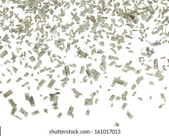 1,5,10,20,50,100 Flying Dollar Bills, Isolated On White.