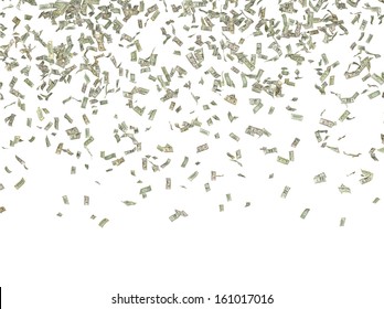 1,5,10,20,50,100 Flying Dollar Bills, Isolated On White.