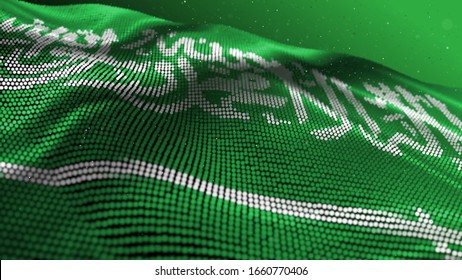 15360X8640 Abstract Glowing Particle Wavy surface with Saudi Arabia Flag Flag Arabia Flag texture. 16K 3D illustration