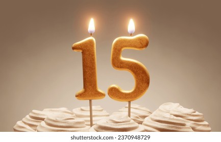 15th birthday or anniversary celebration. Lit golden number candles on cake with icing in neutral tones. 3D rendering - Powered by Shutterstock