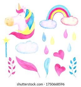 16 elements of watercolor unicorn, rainbow, clouds, leaves, hearts, drops of water and magic wand. Hand-drawn set of colorful cartoon illustration. Princess collection of cartoon clipart. - Powered by Shutterstock