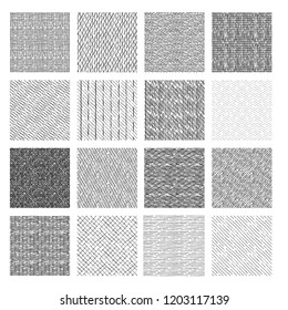 16 Seamless pattern of ink hand drawn linear hatching and crosshatching textures. 