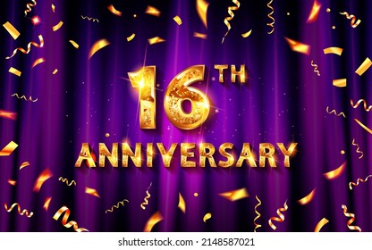 16 year anniversary card. Happy 16 year old birthday. Beautiful purple gradient color card with glitter and golden lettering. Modern design for celebration. Raster copy - Powered by Shutterstock