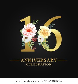 16 years anniversary celebration logotype. Flower made of paint floral and leaf watercolor on gold numbers layer path, clipping path isolated on black background. Design for wedding invites card. - Powered by Shutterstock