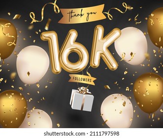 16k, 16000 followers thank you with gold balloons and golden confetti. Illustration 3d render for social network friends, followers, web user Thank you celebrate of subscriber, followers, likes