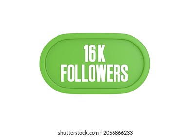 16k followers 3d sign in light green color isolated on white background, 3d rendering.