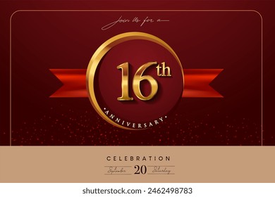 16th Anniversary Logo With Golden Ring And Red Ribbon Isolated on Elegant Background, Birthday Invitation Design And Greeting Card - Powered by Shutterstock