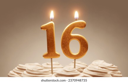 16th birthday or anniversary celebration. Lit golden number candles on cake with icing in neutral tones. 3D rendering - Powered by Shutterstock