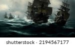 A 16th century naval battle in rough seas during a storm