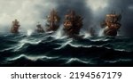 A 16th century naval battle in rough seas during a storm