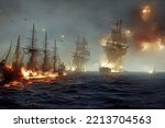 16th-century sea battle with sailing ships and galleons. Pirate boats are on fire in the ocean battle with cannons shooting fire. 3D illustration