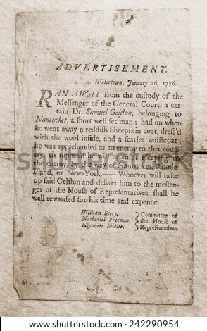 1776 advertisement for the return of a runaway slave. During the American Revolution many enslaved men joined the British forces in exchange for a promise of freedom.