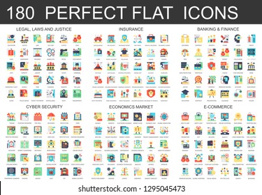 180  Complex Flat Icons Concept Symbols Of Legal, Laws And Justice, Insurance, Banking Finance, Cyber Security, Economics Market, E-commerce. Web Infographic Icon Design.