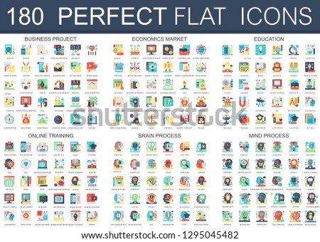 180  complex flat icons concept symbols of business project, economics market, education, online training, brain process, mind process. Web infographic icon design.