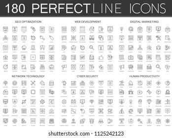 180 Modern Thin Line Icons Set Of Seo Optimization, Web Development, Digital Marketing, Network Technology, Cyber Security, Human Productivity.