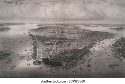 1851 bird's eye view of New-York, looking north over the length of Manhattan with Battery Park and Castle Garden in the foreground.