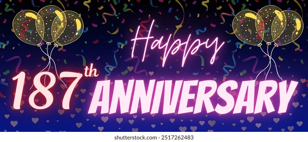 187th anniversary neon calligraphy text and number. Confetti and balloon isolated on elegant blue gradient background, sparkle, design for greeting card, print. One hundred eighty seven anniversary - Powered by Shutterstock