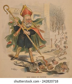 1895 Political Cartoon Of New York City's Mayor Strong, Dressed As St. Patrick, Driving Snakes And Frogs, Representing Tammany Hall's Immigrant Political Base.