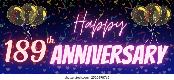 189th anniversary neon calligraphy text and number. Confetti and balloon isolated on elegant blue gradient background, sparkle, design for greeting card, print. One hundred eighty nine anniversary - Powered by Shutterstock