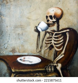 An 18th Century Style Painting Of A Skeleton At A European Cafe Drinking Coffee And Eating Food.