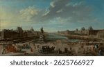 18th-century cityscape of Paris. People and carriages on a bridge. Classic architecture, blue sky, and river view. Vintage nature artwork, old nature illustration.