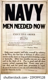 1917 Recruitment Poster For The US Navy. After Wilson's April 1917 Entry Into WWI, Four Million Men Were Drafted Into The Military.