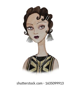 1920s Fashions. Watercolor.
Gatsby Style Woman Portrait. Dress In Black And Gold Stripes. Big Earrings.