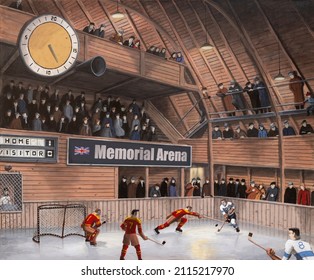 1940s Scene Of A Large Crowd Packed To The Rafters In A Large Old Wooden Hockey Arena To Take In The Action On The Ice.  