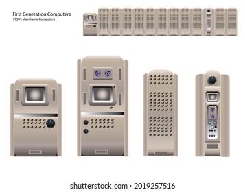 1950's Era Old-fashioned First Generation Maiframe Computer Consoles. Atompunk And Dieselpunk Ski-fi Concept Art. Realistic Illustration. Isolated On White