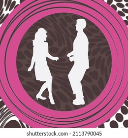 1960s Retro Mod Background With Twisting Dance Couple Silhouetted In A Circular Pattern