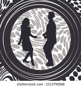 1960s Retro Mod Background With Twisting Dance Couple Silhouetted In A Circular Pattern