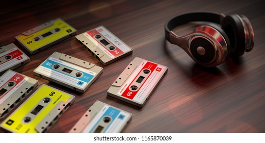 1970s-1980s Party Music. Vintage Audio Cassettes And Dj Headphones, Wooden Background. 3d Illustration