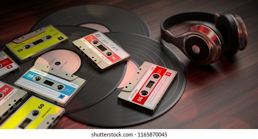 1970s-1980s Party Music. Vintage Audio Cassettes, Vinyl Records And Dj Headphones, Wooden Background. 3d Illustration